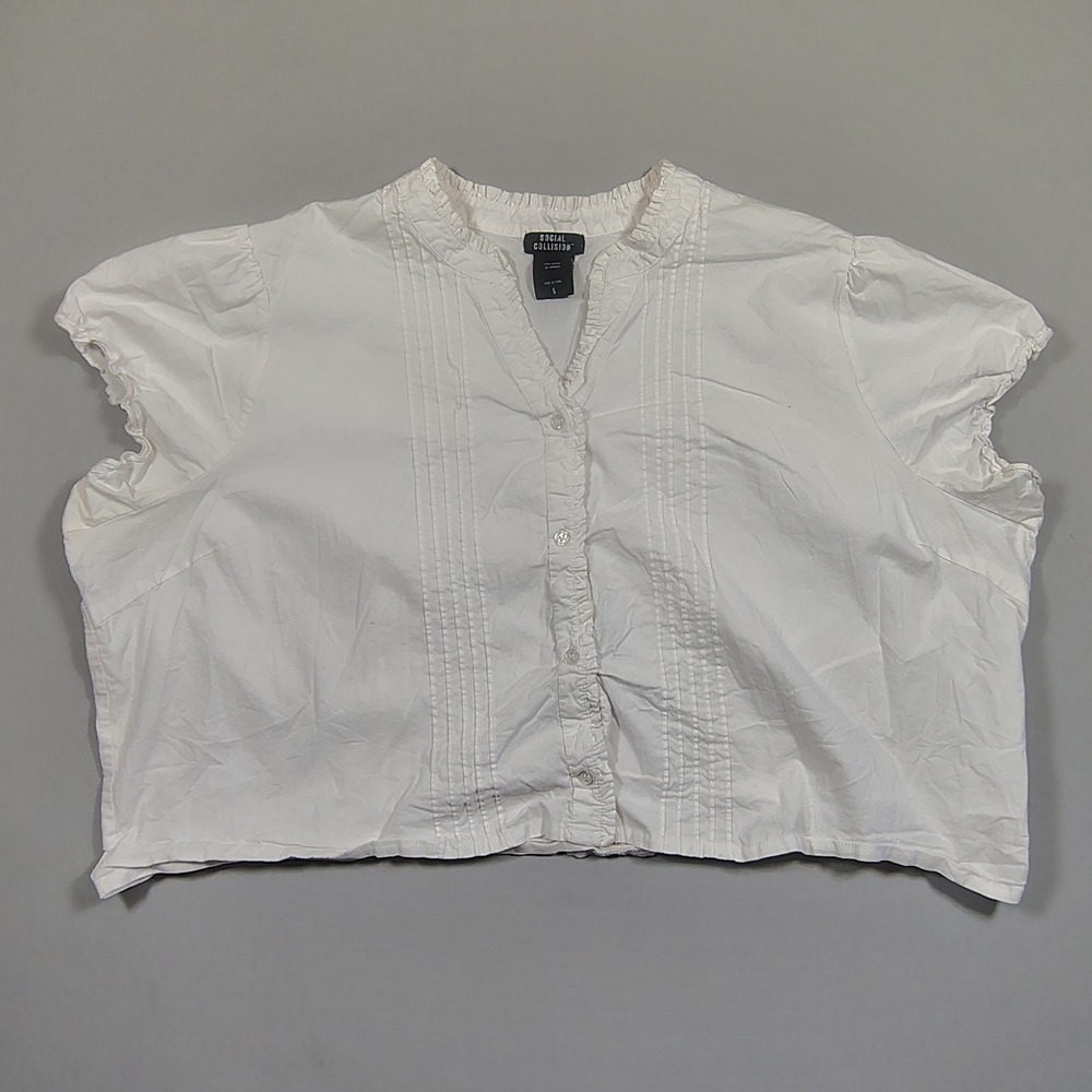 Social Collision Blouse Women 5 White Ruffle Pintuck Cap Sleeve Cotton Blend